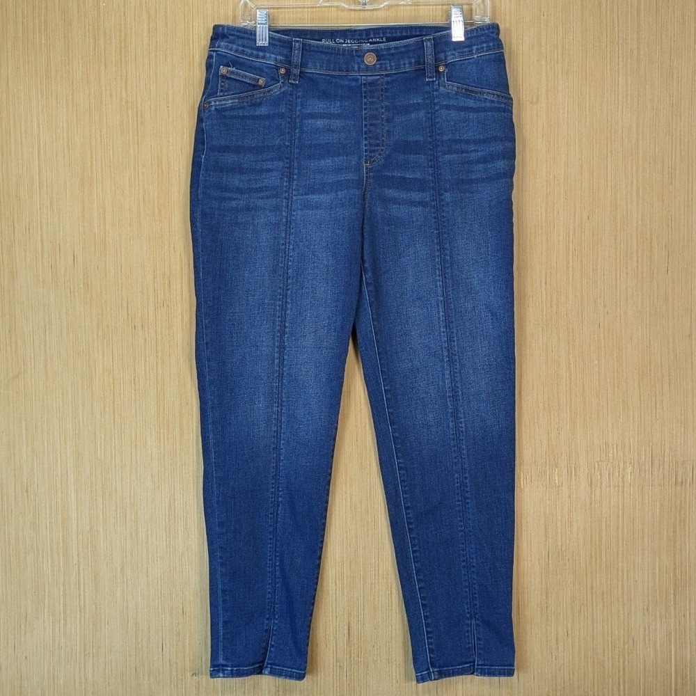 Chicos Pull On Jegging Ankle Jeans Dark Wash Blue 10 Stretch Slimming Seam‎
